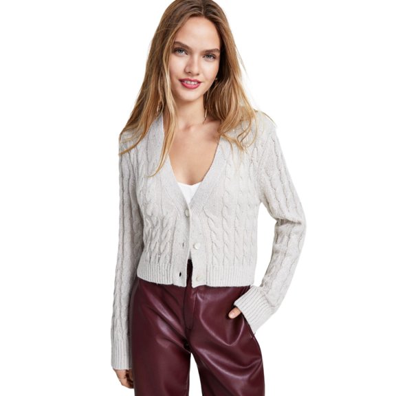 Leyden Women’s Glitter Cable Knit Button-Front Cardigan, Cream, Large