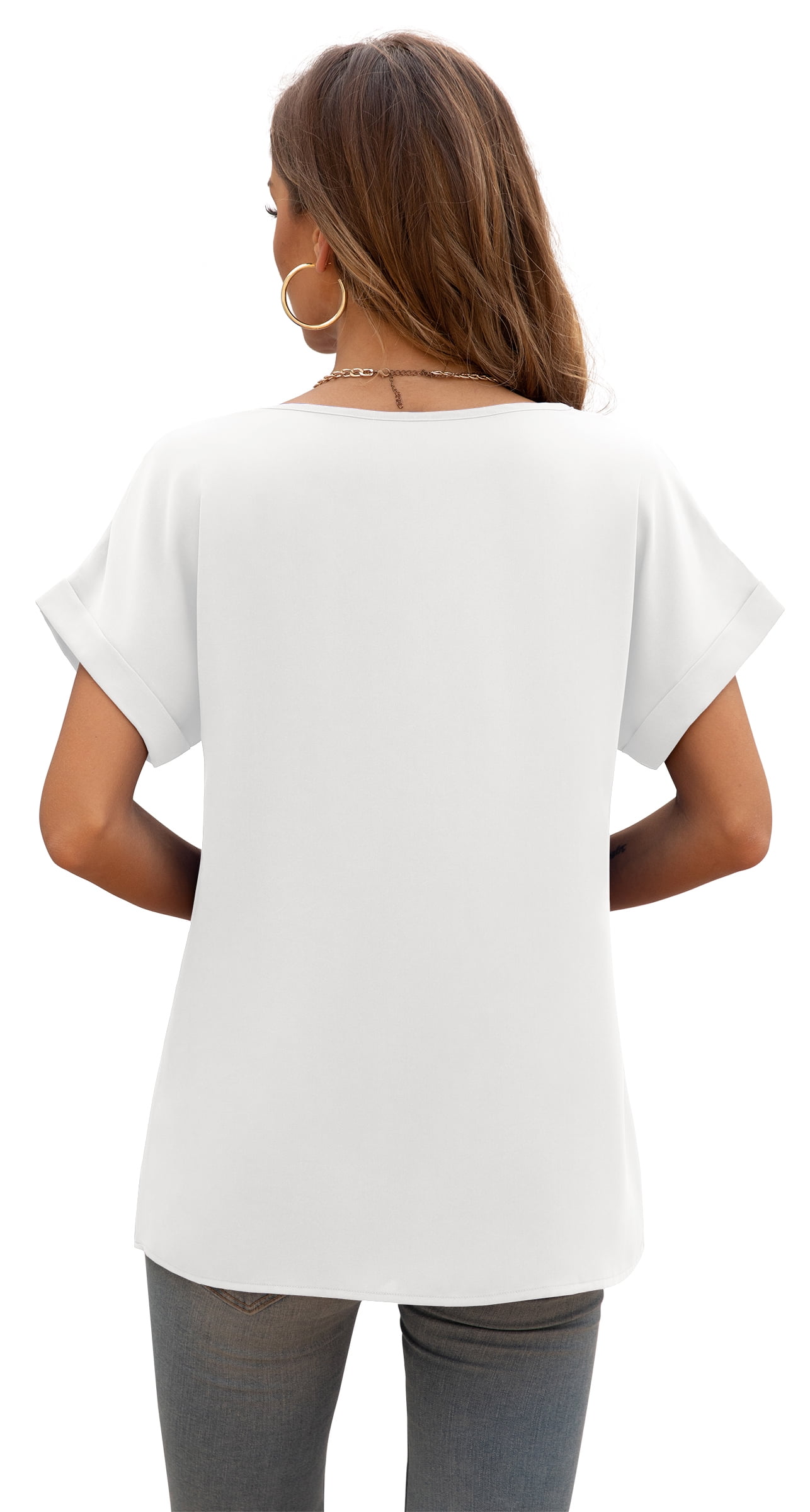 Uvplove Summer Blouses for Women Elegant Casual V Neck Chiffon Blouses Tops Shirts,White,XL