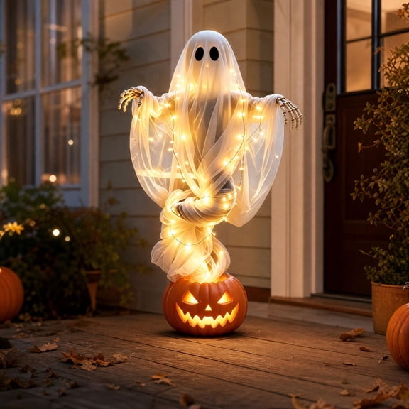 Luckky Swirling Ghost Pumpkin Yard Lamp,Lighted Spooky Ghost Statue with Warm Light,Waterproof Outdoor Ornament for Porch,Pathway,Lawn & Garden,Fall Autumn Halloween Party Decor