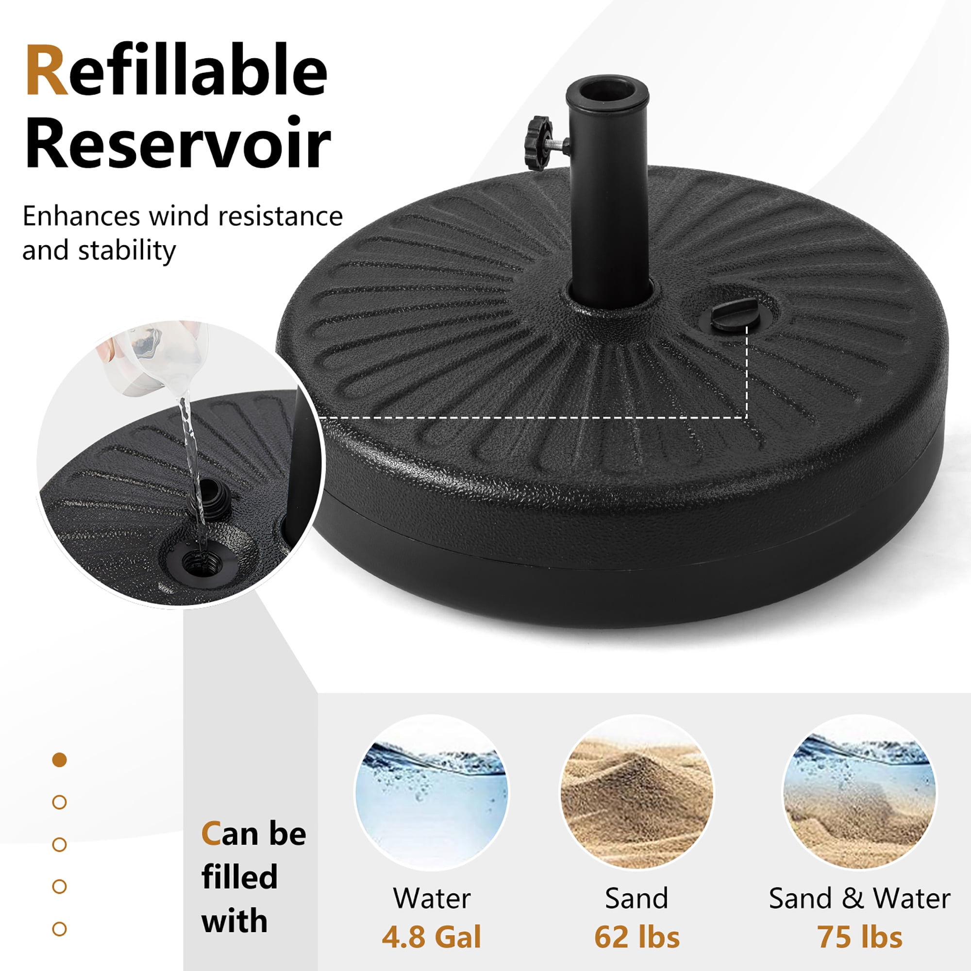 Costway 20'' Patio Fillable Round Umbrella Base Stand Holder Fit Pole 1.5''/1.9'' Outdoor