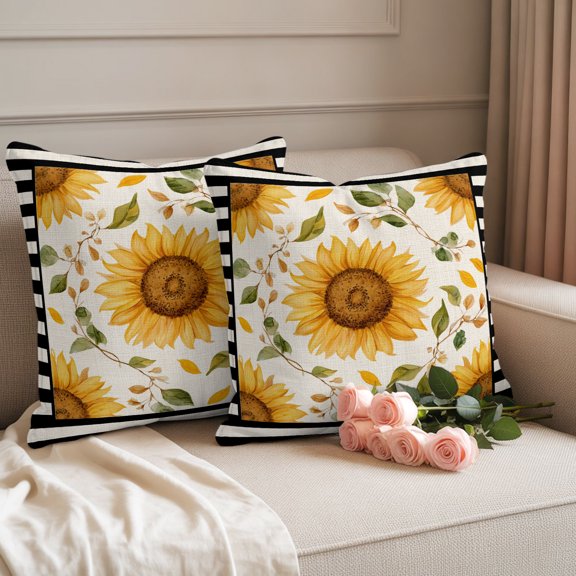 Outdoor Throw Pillow Covers,Farmhouse Sunflower Leaf Waterproof Decorative Pillowcases Cushion Cover Black Stripe Retro Linen Pillow Cases for Patio Couch Sofa Bed,18x18in Set of 2