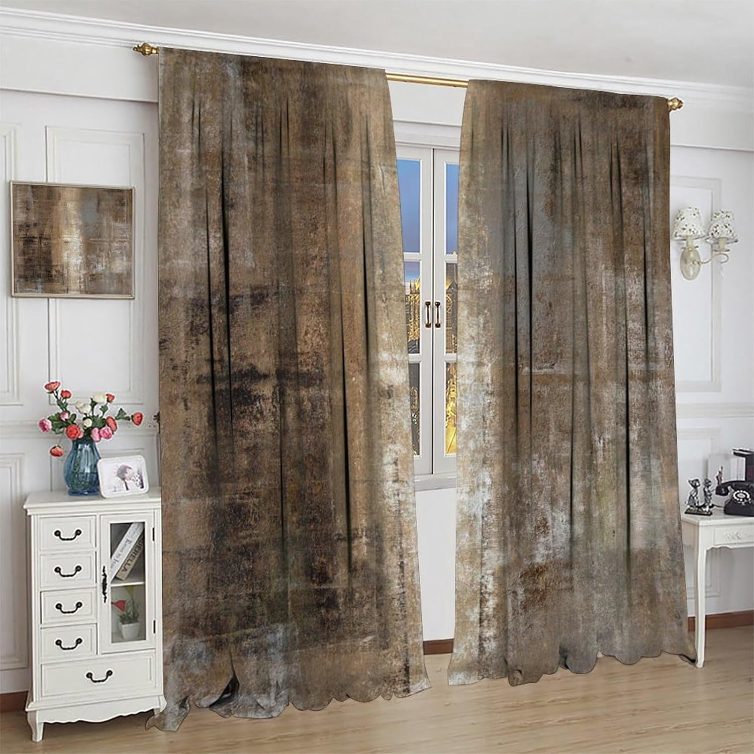 Rustic Curtains Tan Brown Abstract Wood Blackout Print Rod Pocket Window Drapes for Bedroom Living Room 42x63in