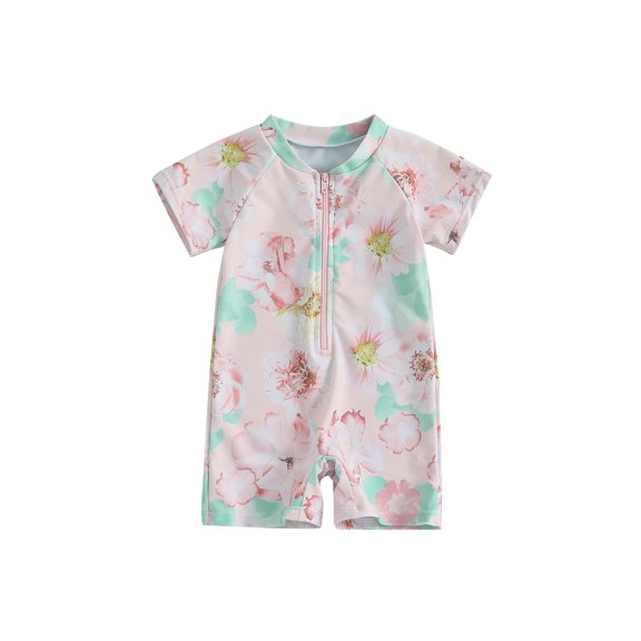 Toddler Baby Girls Rash Guard Swimsuit Playsuits 3 6 12 18 24 Months 2T 3T Short Sleeve Zipper Floral Print Baby Bathing Suit Swimwear