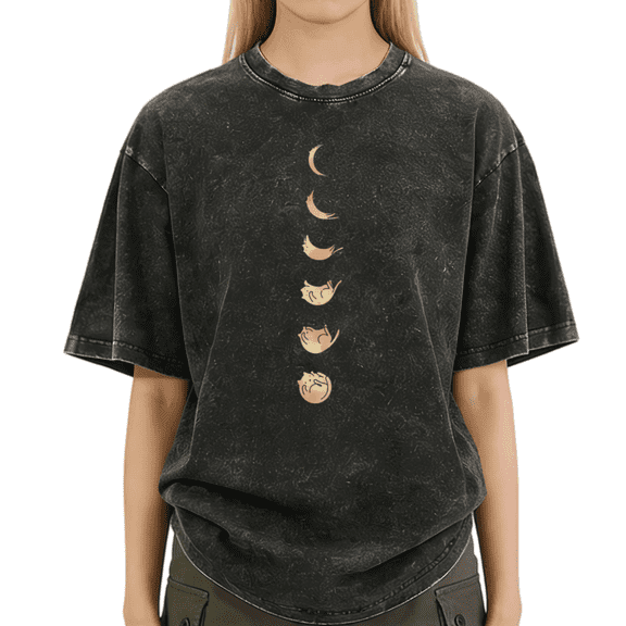Black Washed S-2XL Cat Moon Phases Print Tshirt Graphic Tees Shirts Celestial Cat Trend Tops