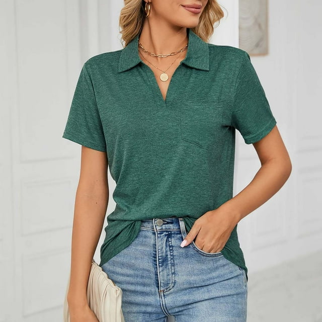 Meichang Polos de Base pour Femmes Été Blouse à Col en V Chic Décontractée Manches Courtes Hauts Confortables Légers T-Shirts à Col avec Poches