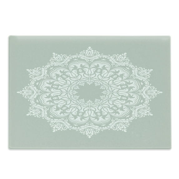 Orient Cutting Board, Oriental Pattern Damask and Floral Elements Classical Art Motifs, Decorative Tempered Glass Cutting and Serving Board, Large Size, Green White, by Ambesonne