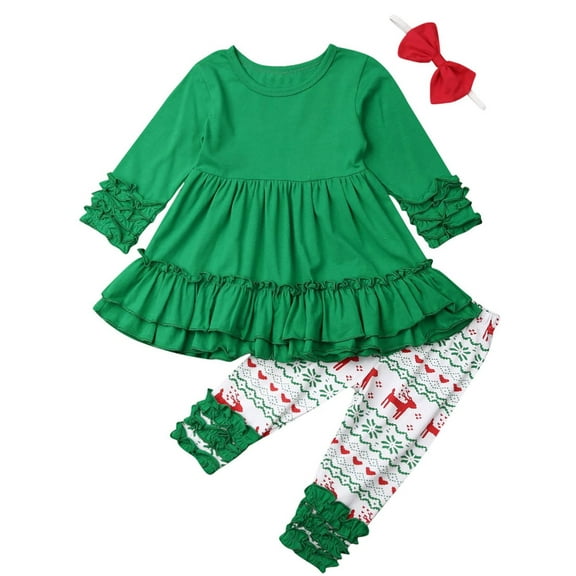 Styles I Love Baby Toddler Girls Green Ruffle Long Sleeve Top and Christmas Pattern Pants 2pcs Cotton Holiday Elf Outfit