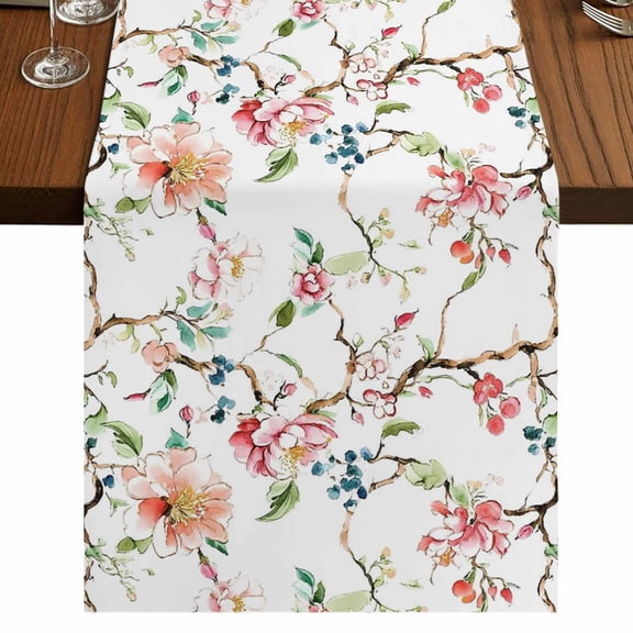 Pink Green Botanical 70 Inch Table Runner, Summer Watercolor Branch Flower Farmhouse Dresser Scarf Cotton & Linen Tablerunner for Dining/Kitchen Island/Holiday Party Décor 13" x 70"