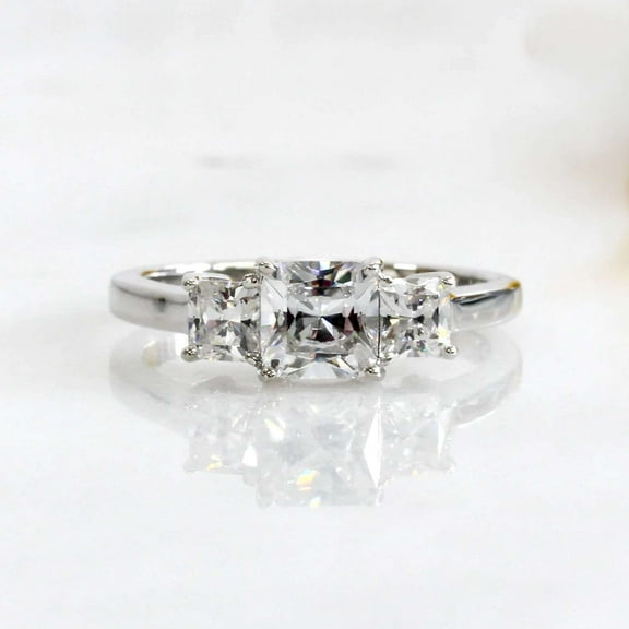 Jewelerix Three Stone Moissanite Engagement Ring – Silver Plated Cushion Cut with Side Accents Wedding Proposal Ring