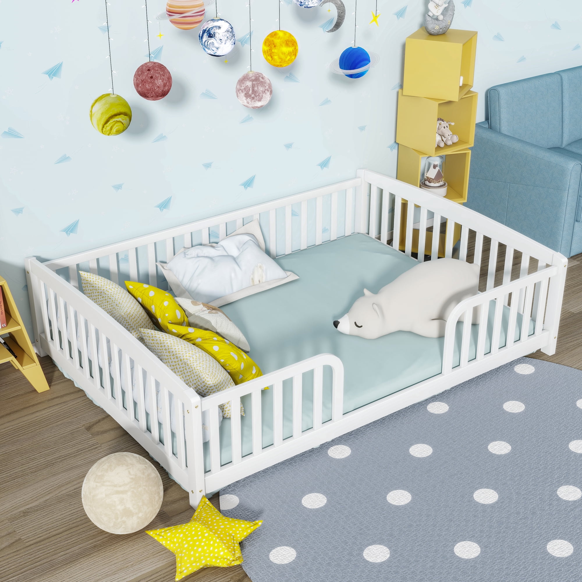 Jopath Full Size Floor Fence Bed with Central Entrance,Pine Wood Floor bed with Guardrails for Boys Girls White