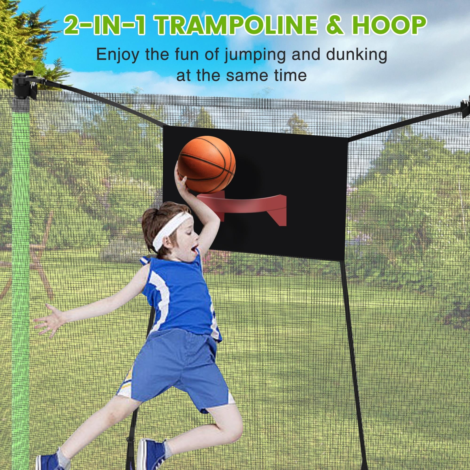 14FT Trampoline for Kids Adults, Seizeen Round Trampoline with Enclosure Net, 2-IN-1 Outdoor Trampoline w/Hoop, Ladder, Waterproof Mat