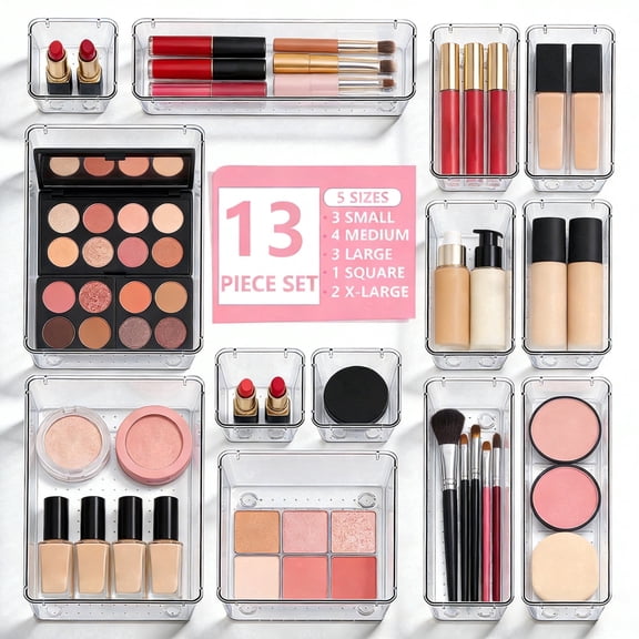 YHIPL 13 Pcs Plastic Drawer Organizers Set, Desk and Makeup Trays, Organizer Tray for Office & Bedroom, Bathroom