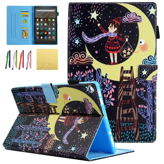 Allytech Case for All-New Amazon Fire HD 10.1 Tablet (7th Generation, 2017 Release) - Folio Stand Cover Case with Card Slots & Auto Wake / Sleep Function, Star & Girl