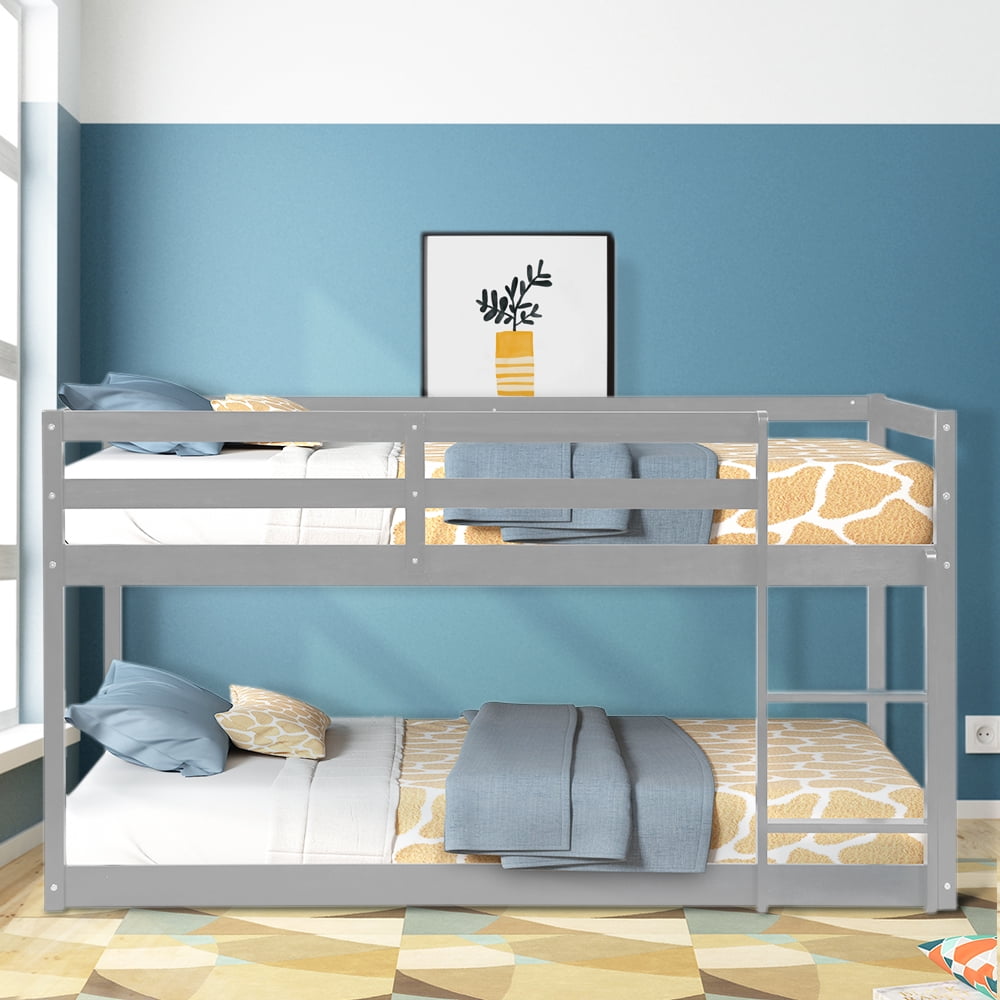 Twin Wood Low Bunk Bed with Ladder, Kids Twin over Twin Wooden Bunk Bed