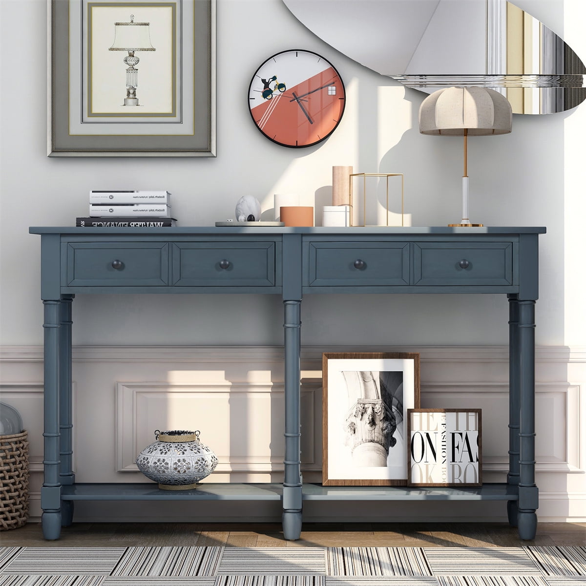 Antique Navy 58" Pine Wood Console Table with Storage