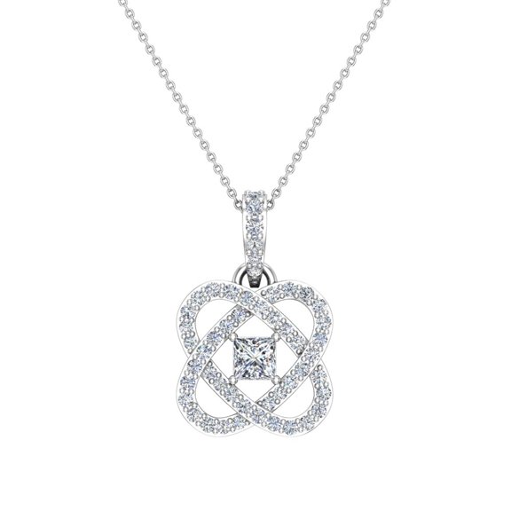Center Princess Cut 18K White Gold Diamond Pendant Necklace for Women W/ Gold Chain 0.60 CT TW ( G , SI )