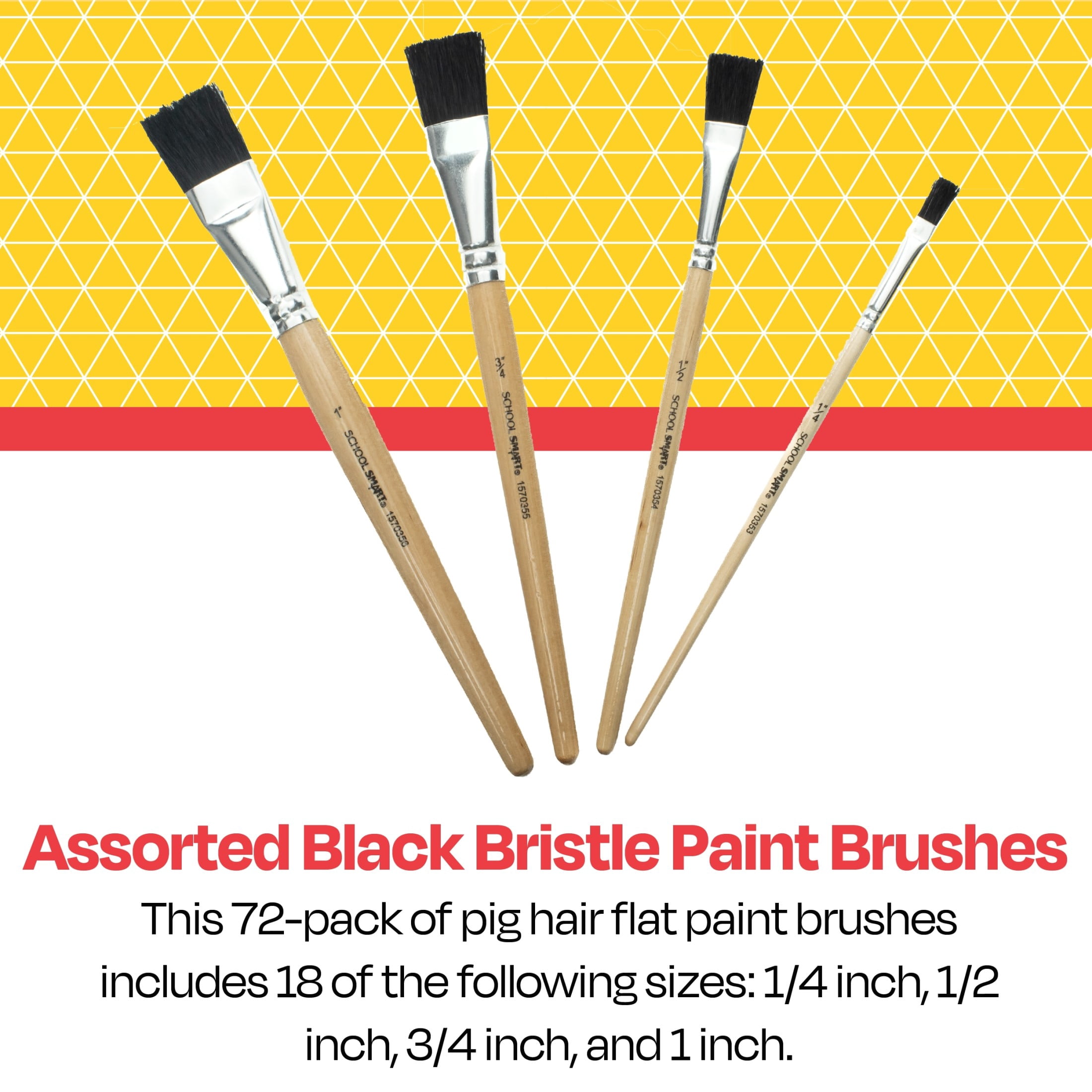 School Smart Interlocked Black Bristle Short Handle Paint Brush Set with Bucket, Assorted Size, Clear, Set of 72