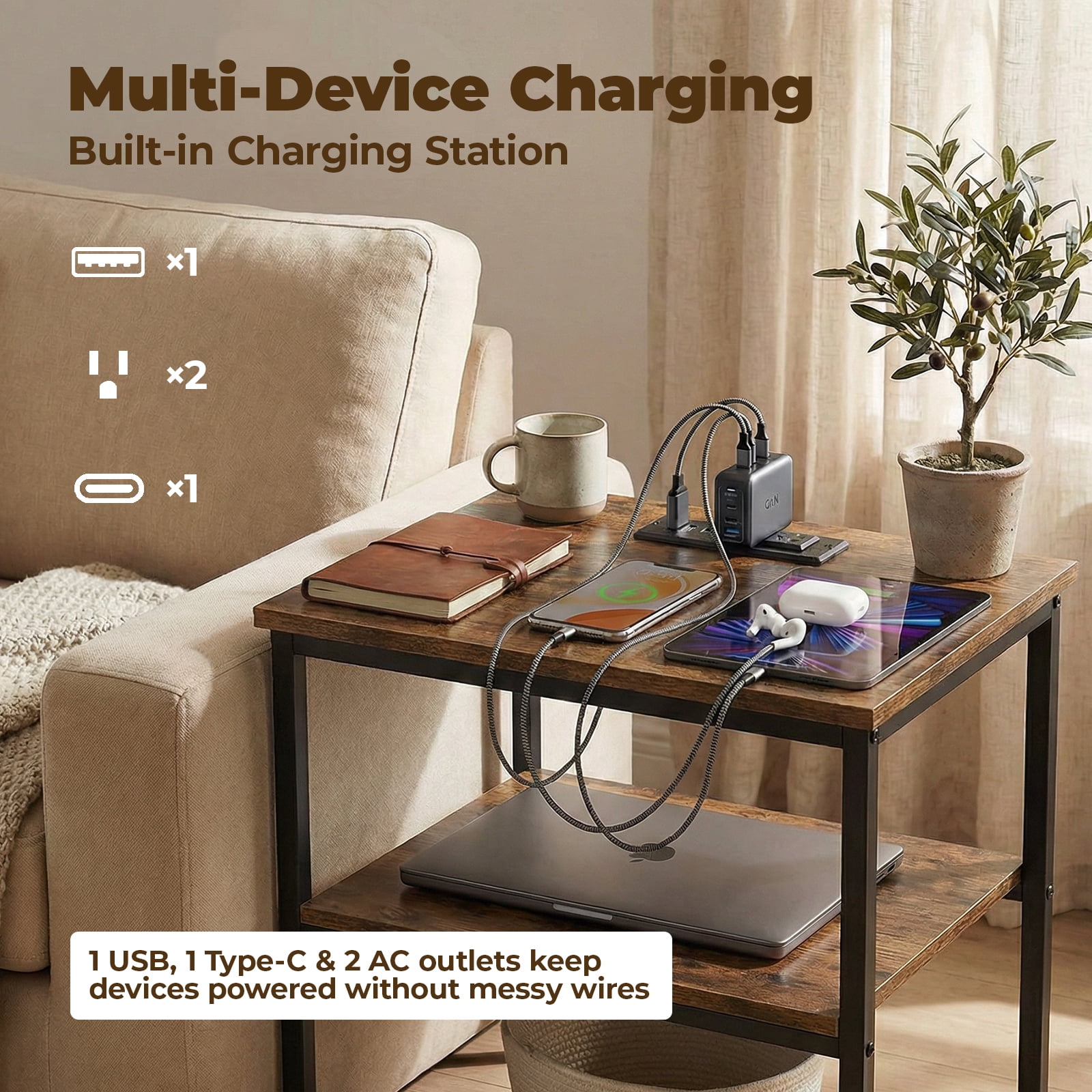 Alvantar Bedside Table Charging Station Nightstand with USB/C Ports, Adjustable Drawers, 3-Tier Storage Shelf