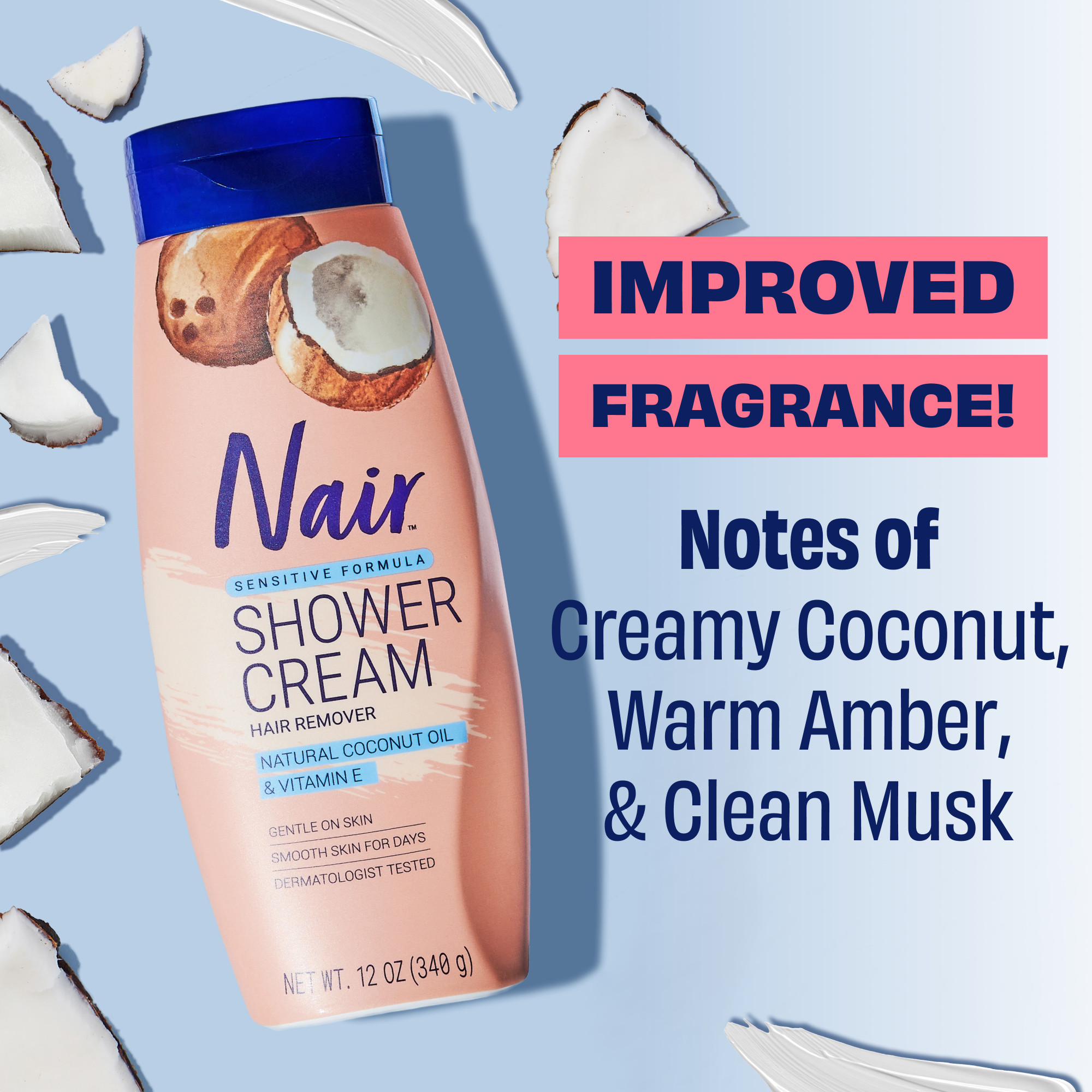 Nair Sensitive Shower Cream Hair Remover Coconut Oil Vitamin E Body Hair Removal Cream for Women 12 oz