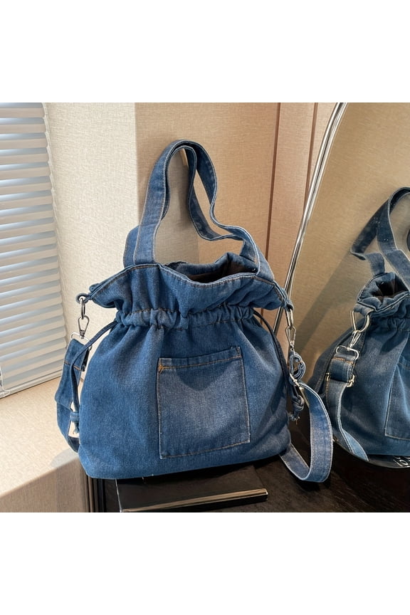 Denim Tote Bag Vintage Bucket Shoulder Bag Drawstring Crossbody Bag For Women