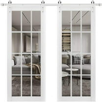 Sturdy Double Barn Door with Clear Glass 12 lites | Felicia 3355 Matte White | 13FT Rail Hangers Heavy Set | Solid Panel Interior Doors
