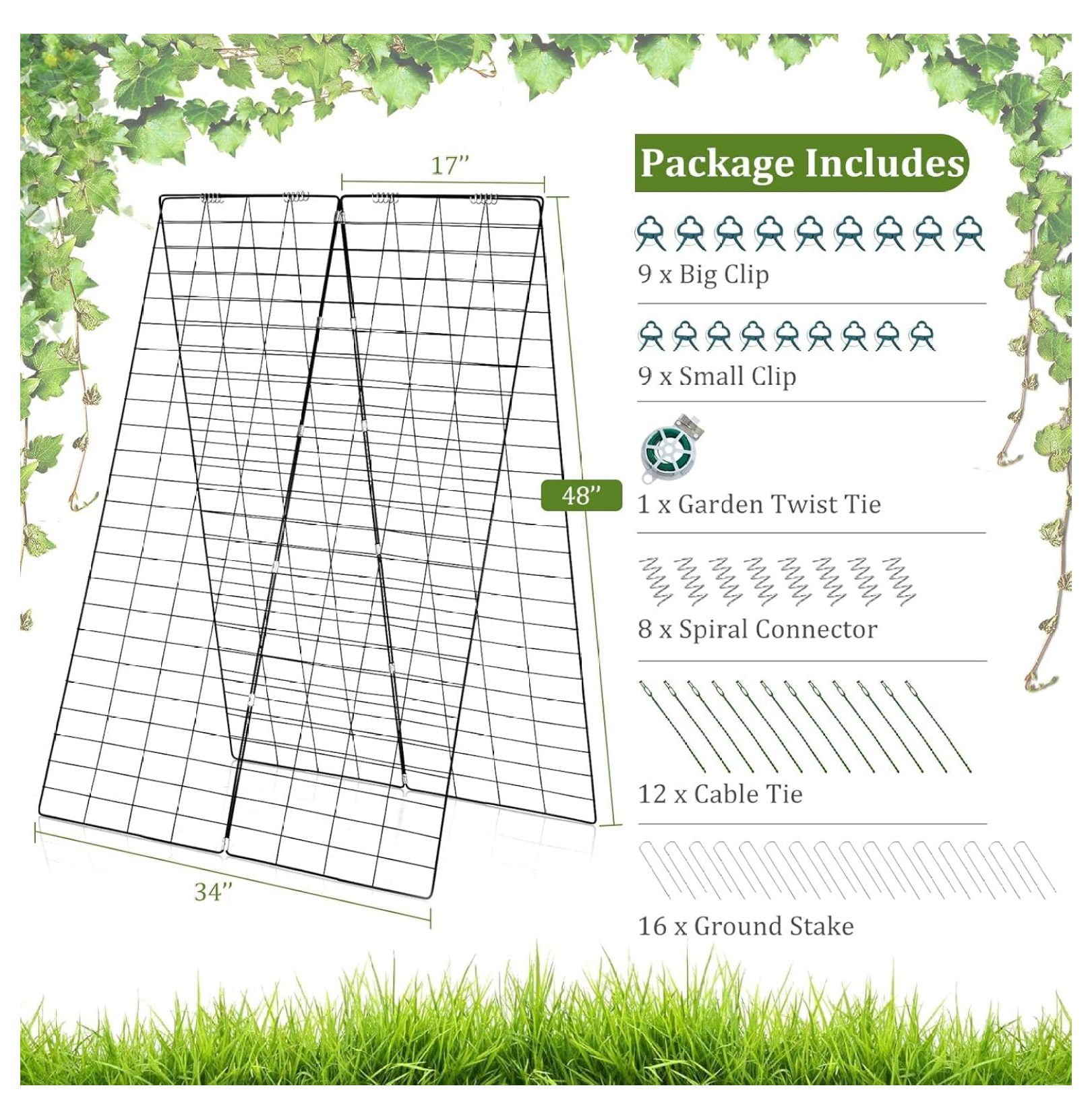 48 x 34 Inch Cucumber Trellis for Garden, 8 PCS Foldable A-Shape  Support W/18 Clips, 16 Ground Stakes, 8 Spiral Connectors, 12 Cable Tie, Twist Tie, Garden Trellis for Climbing