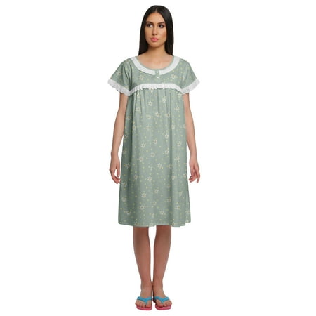 

Moomaya Printed Short Sleeve Knee Length Nightdress Round Neck Sleepwear Gown