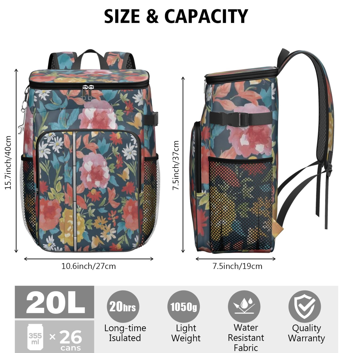 Travel Cooler Bag - Pioneer Flower Floral Print Pattern Camping Beer Cooler Backpack with Bottle Opener- Waterproof Insulated Picnic Backpacks - Cooler Bag for Beach