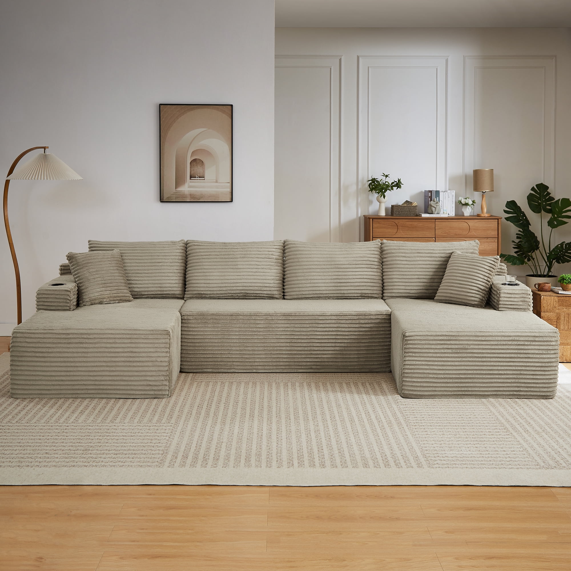 Leumius 133" Oversized Boneless Sectional Couches for Living Room,Modern Corduroy U Shaped Modular Sectional Sofa with Deep Seat,6-Seat Cloud Couch with Cupholders and Side Pockets,No Assembly,Camel