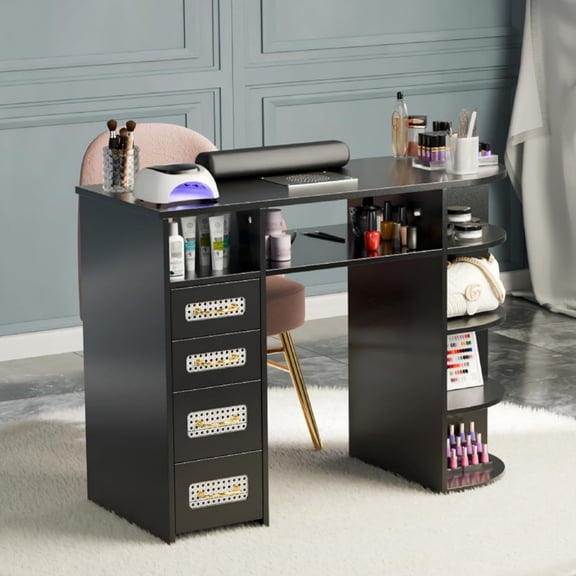 Ktaxon Nail Desk with Electric Dust Collector, Rattan Manicure Table for Nail Techs, Black Salon Station