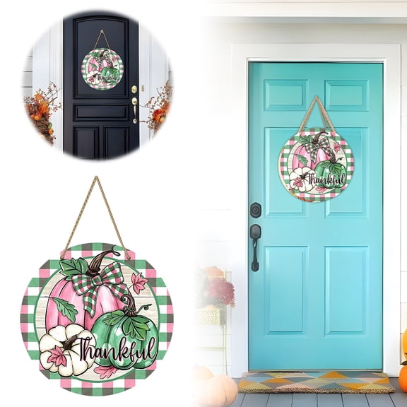 Assorted Print Fall Pumpkin Round Door Hanging Plaid Wooden Sign Seasonal Front Porch Wall Ornament Farmhouse Autumn Thanksgiving Indoor Outdoor Home Decor Gift