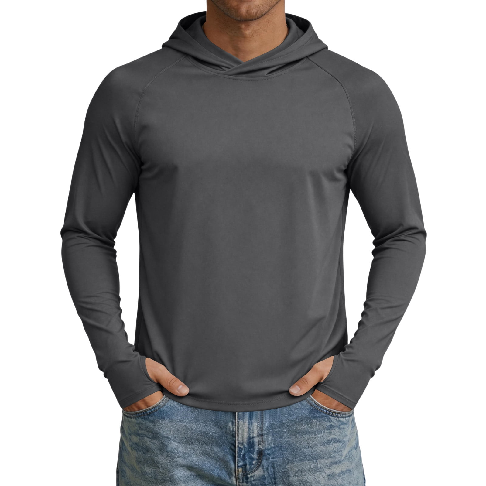 JULMCOMO UPF50+ Mens Solid Color Hooded Sun Protection Shirt Long Sleeve Quick Dry UV Protection Outdoor Fishing Hiking Tops Dark Gray M