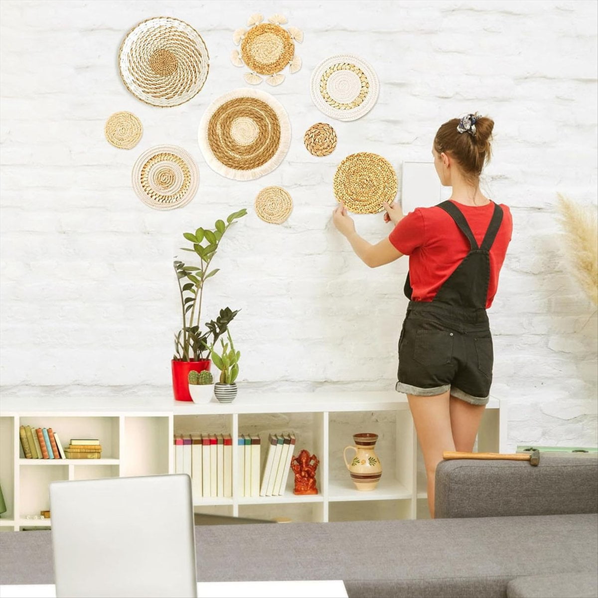 9 Pack Boho Wall Basket Set, Hanging Woven Decor, Seagrass Rattan Wicker Decor