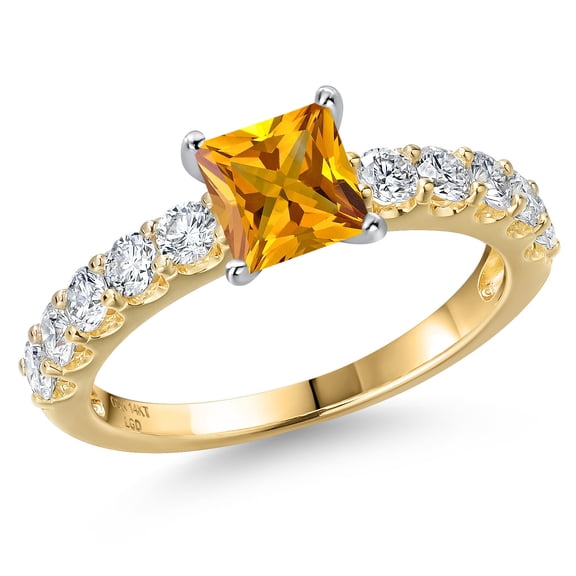 Gem Stone King 14K Two Tone Gold Yellow Citrine and Lab Grown Diamond Engagement Ring for Women | 1.25 Cttw | Princess 5MM | Gemstone November Birthstone | Size 8