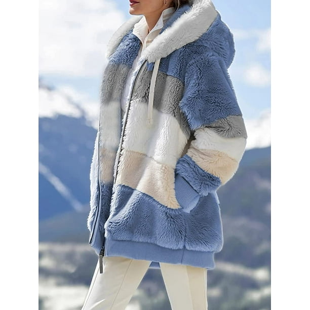Womens Faux Fur Hooded Coat Color Block Long Sleeve Zipper Loose Plush  Multicolor Winter Warm Jacket 