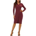 thumbnail image 2 of Allegra K Women's Collar V Neck Button Decor Long Sleeve Slit Front Knit Bodycon Dress, 2 of 5