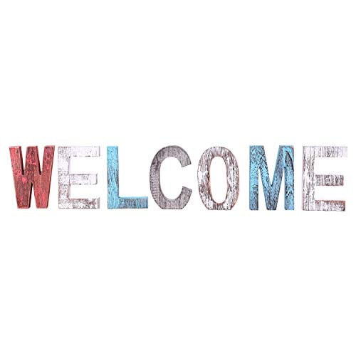 Comfify Welcome Decorative Wooden Letters Large Wood Letters For Wall Decor In Rustic Blue White And