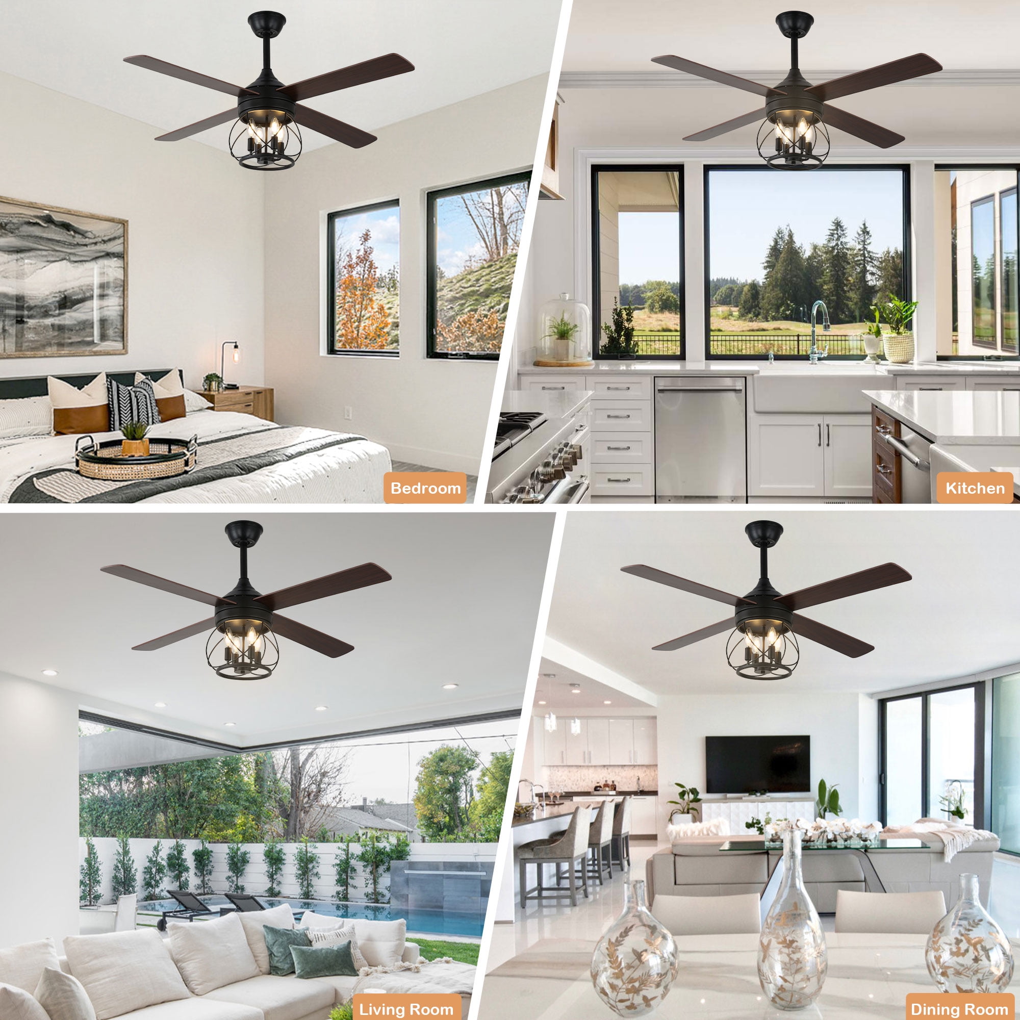 Cusp Barn 52 inch Rustic Farmhouse Caged Ceiling Fan with Remote Control, 6 Speeds Modern Black Ceiling Fan with Lights