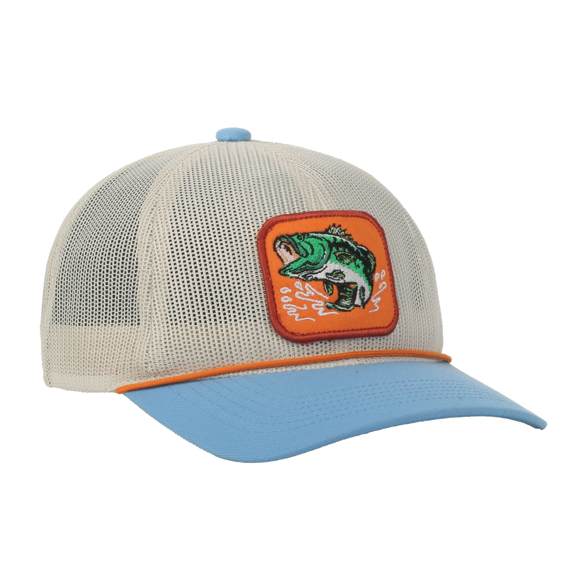 Putty/Blue Bass 6-Panel Cap – Unstructured Mesh Back, Bass Patch, Snapback, One Size