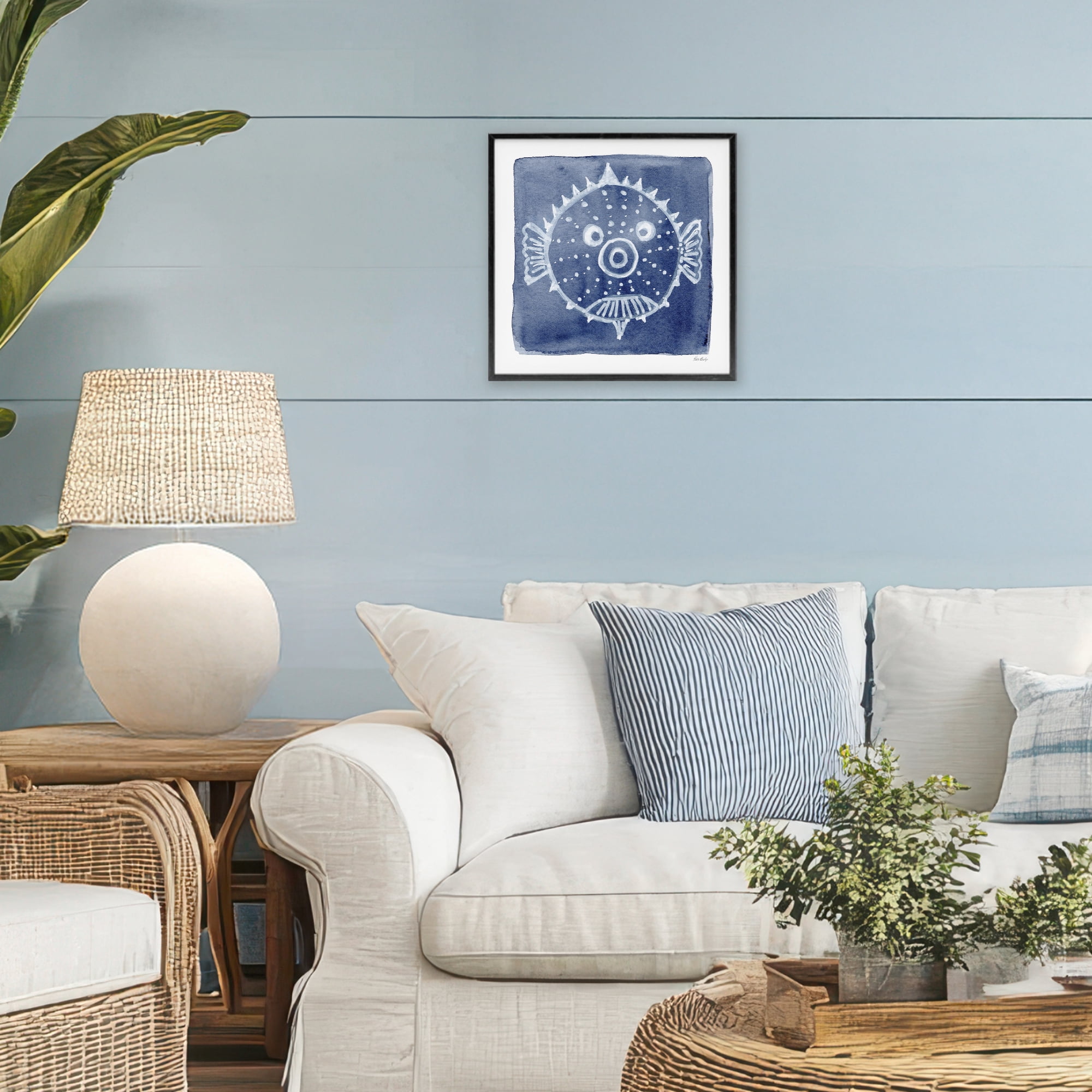 Stupell Industries White Blow Fish on Indigo Black Framed Giclee Art, design by Patti Bishop