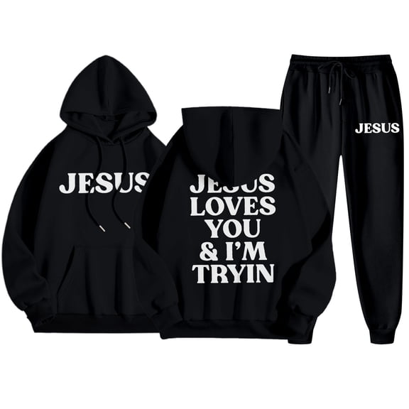Dwelliawo Men's Tracksuit 2 Piece Hoodie and Sweatpants Jesus Loves You and I'm Trying Sweat Hoodie Jogging Running Pants Set Fleece Winter Suit with Pockets Black 3XL