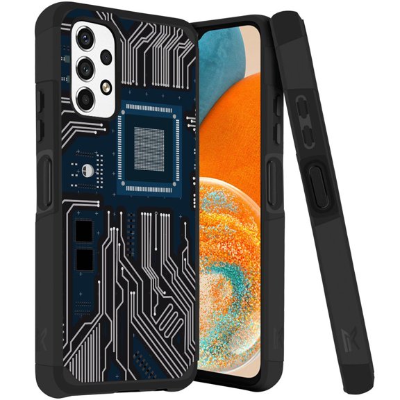 ANJ  Rugged Dual Layered Shockproof Slim Hybrid Case   Tempered Glass Cover Compatible with Samsung Galaxy A23 5G - Dark Blue Circuit