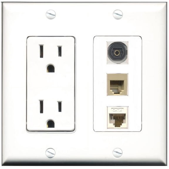 RiteAV - 15 Amp Power Outlet 1 Port Phone Beige 1 Port Toslink 1 Port Cat6 Ethernet Ethernet White Decorative Wall Plate