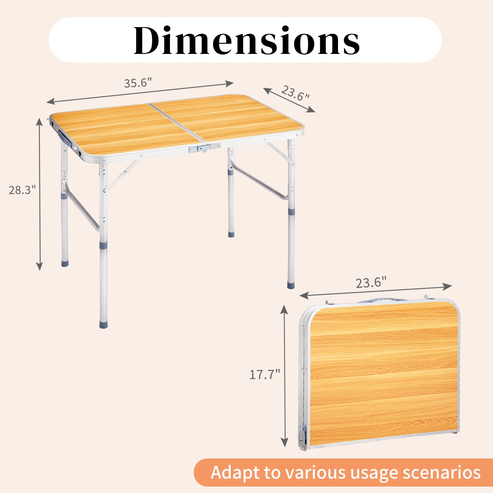 3ft Aluminum Alloy Folding Table, Lockable Legs, Portable & Space-Saving for Parties, Camping & More​, Wood Grain