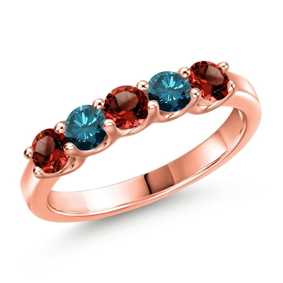 Gem Stone King 18K Rose Gold Plated Silver Red Garnet and Blue Diamond Wedding-Bands Ring for Women | 0.90 Cttw | Round 3.5MM | Gemstone January Birthstone | Size 6