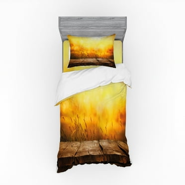 Ambesonne Fall Bedding Set 3 Pcs, Empty Tabletop and Wheat, Twin XL, Brown Orange Yellow