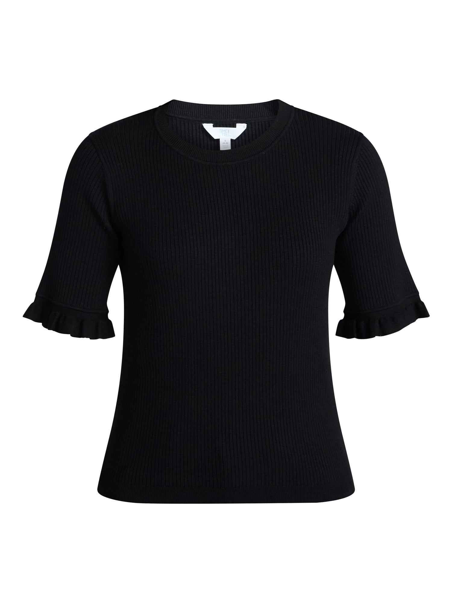 Time and Tru Women's Ribbed Sweater with Flounce Sleeves, Midweight, Sizes XS-XXXL