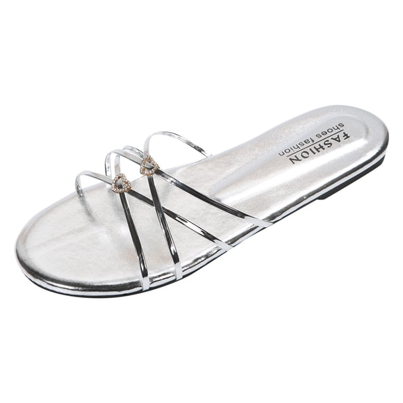 HBFAGFB Slippers for Women Summer Fashion Rhinestones Comfortable Flat Elegant Sandals Silver Size 41