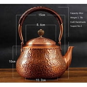 Wollet Copper Tea Kettle for Stove Top, No lining,Handmade Solid Copper Tea Pot Kettle,Hammered Teapot (44oz), 1.3 Litre