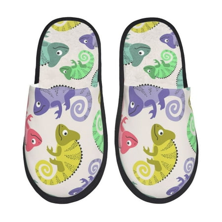 

Fuzoiu Cute Chameleons Print Unisex Furry Slippers Plush Indoor Shoes Trendy House Slippers Anti-Skid EVA Sole House Shoes for Home Office and Travel -Large